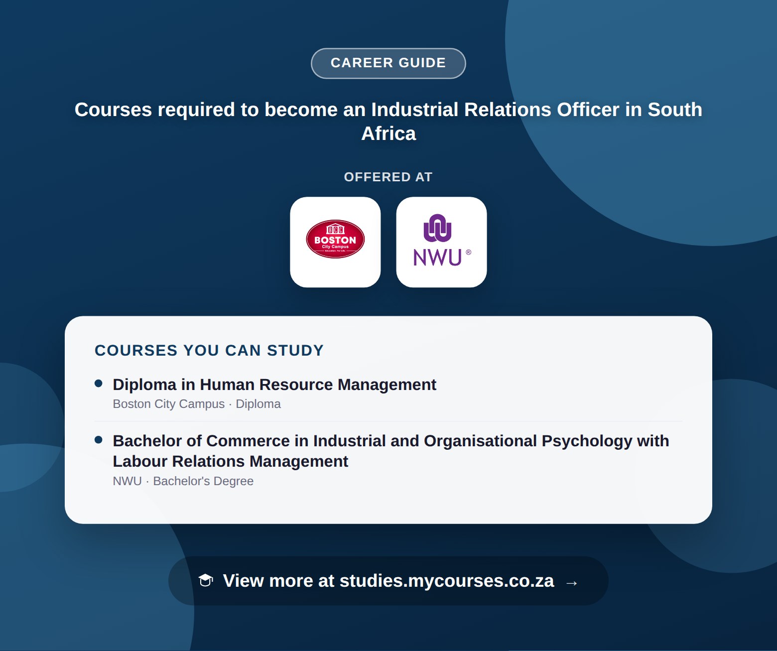 Poster listing courses to become an Industrial Relations Officer in South Africa, offered at Boston City Campus and North-West University, with a link to studies.mycourses.co.za