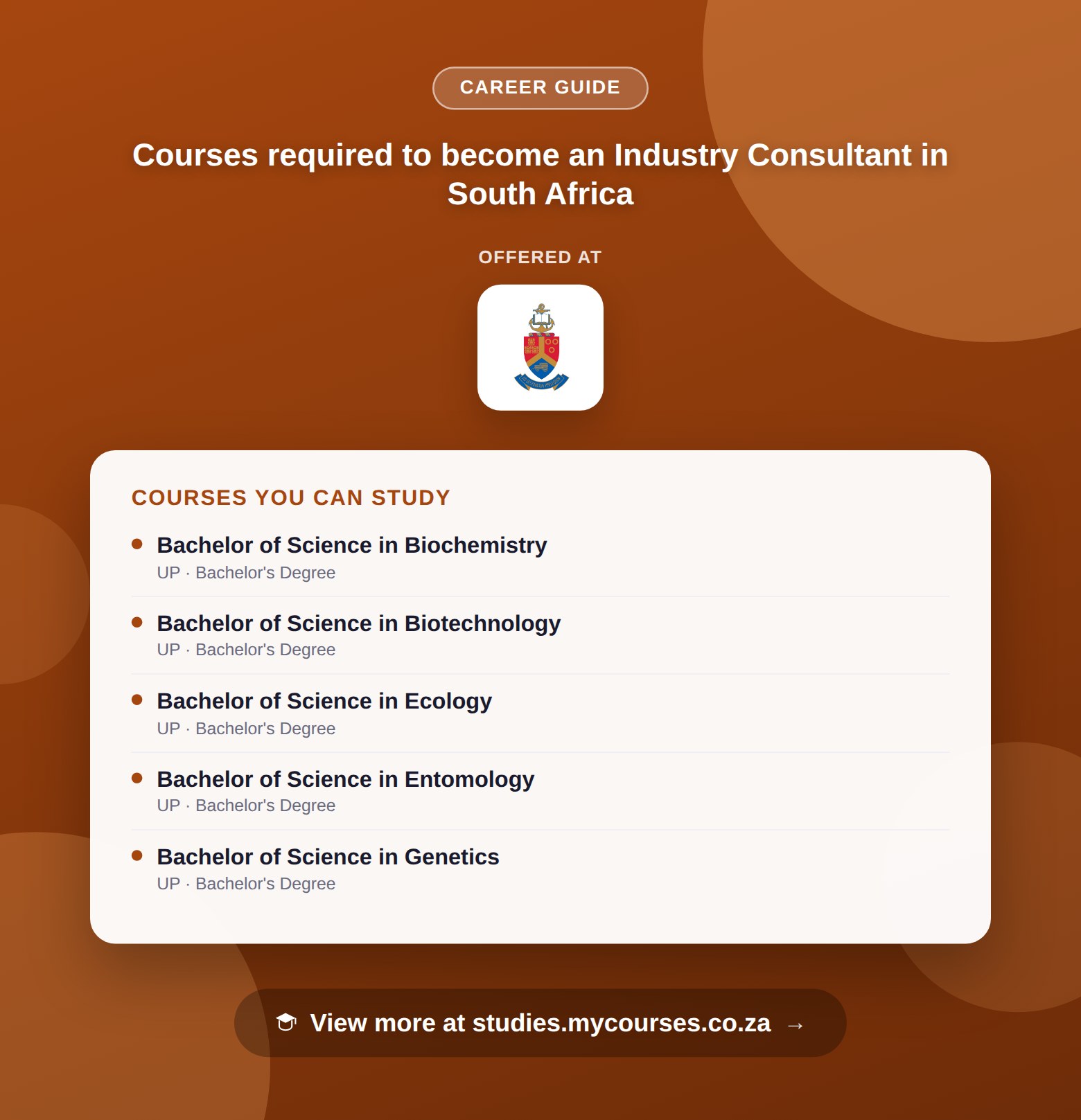 Poster listing courses to become an Industry Consultant in South Africa, offered at University of Pretoria, with a link to studies.mycourses.co.za