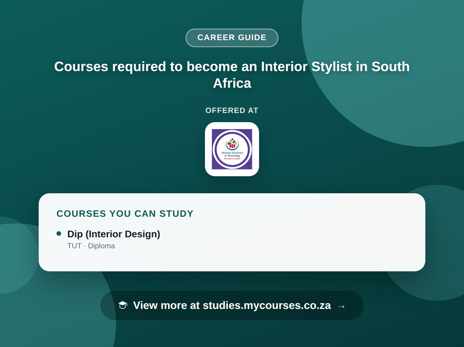Poster listing courses to become an Interior Stylist in South Africa, offered at Tshwane University of Technology, with a link to studies.mycourses.co.za