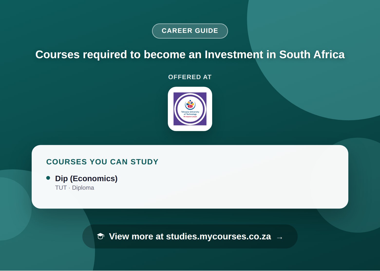 Poster listing courses to become an Investment in South Africa, offered at Tshwane University of Technology, with a link to studies.mycourses.co.za