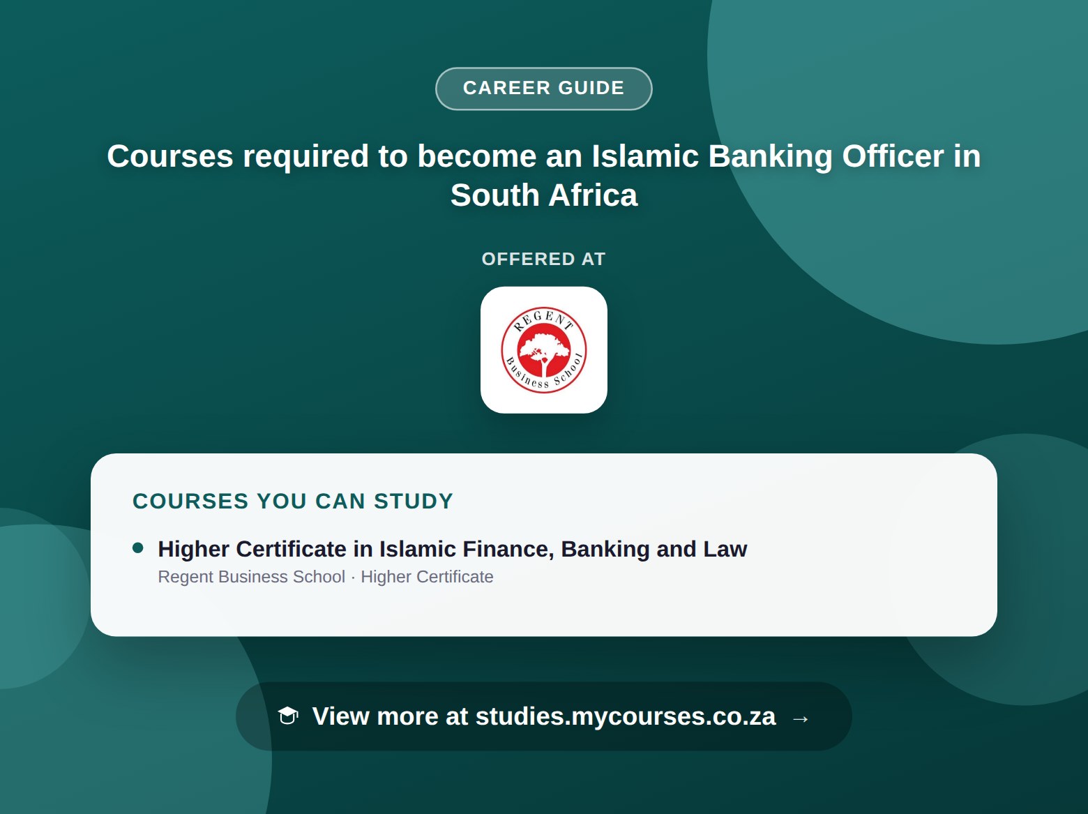 Poster listing courses to become an Islamic Banking Officer in South Africa, offered at Regent Business School, with a link to studies.mycourses.co.za