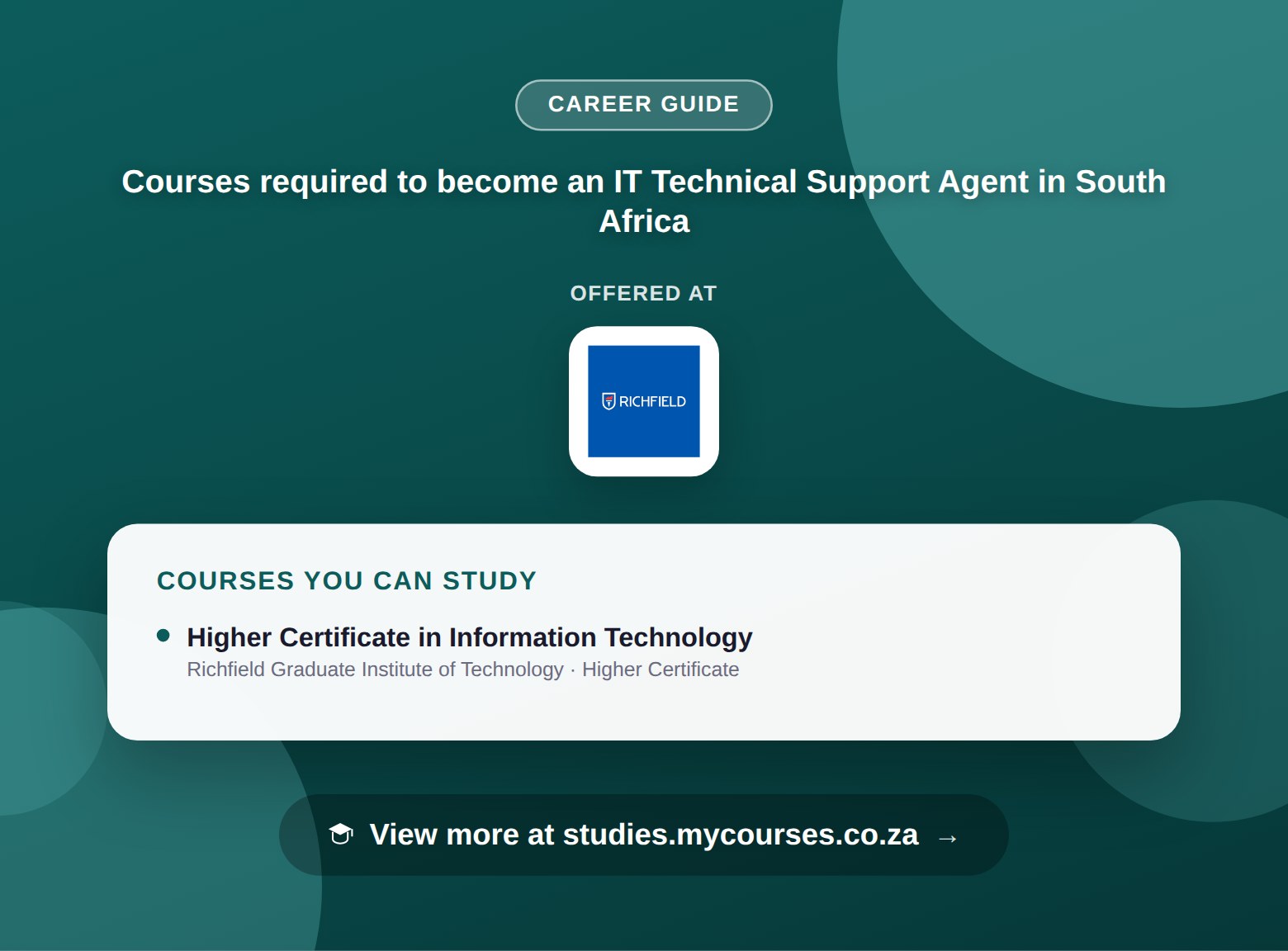 Poster listing courses to become an IT Technical Support Agent in South Africa, offered at Richfield Graduate Institute of Technology, with a link to studies.mycourses.co.za