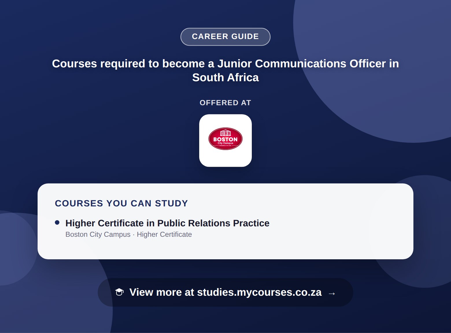 Poster listing courses to become a Junior Communications Officer in South Africa, offered at Boston City Campus, with a link to studies.mycourses.co.za