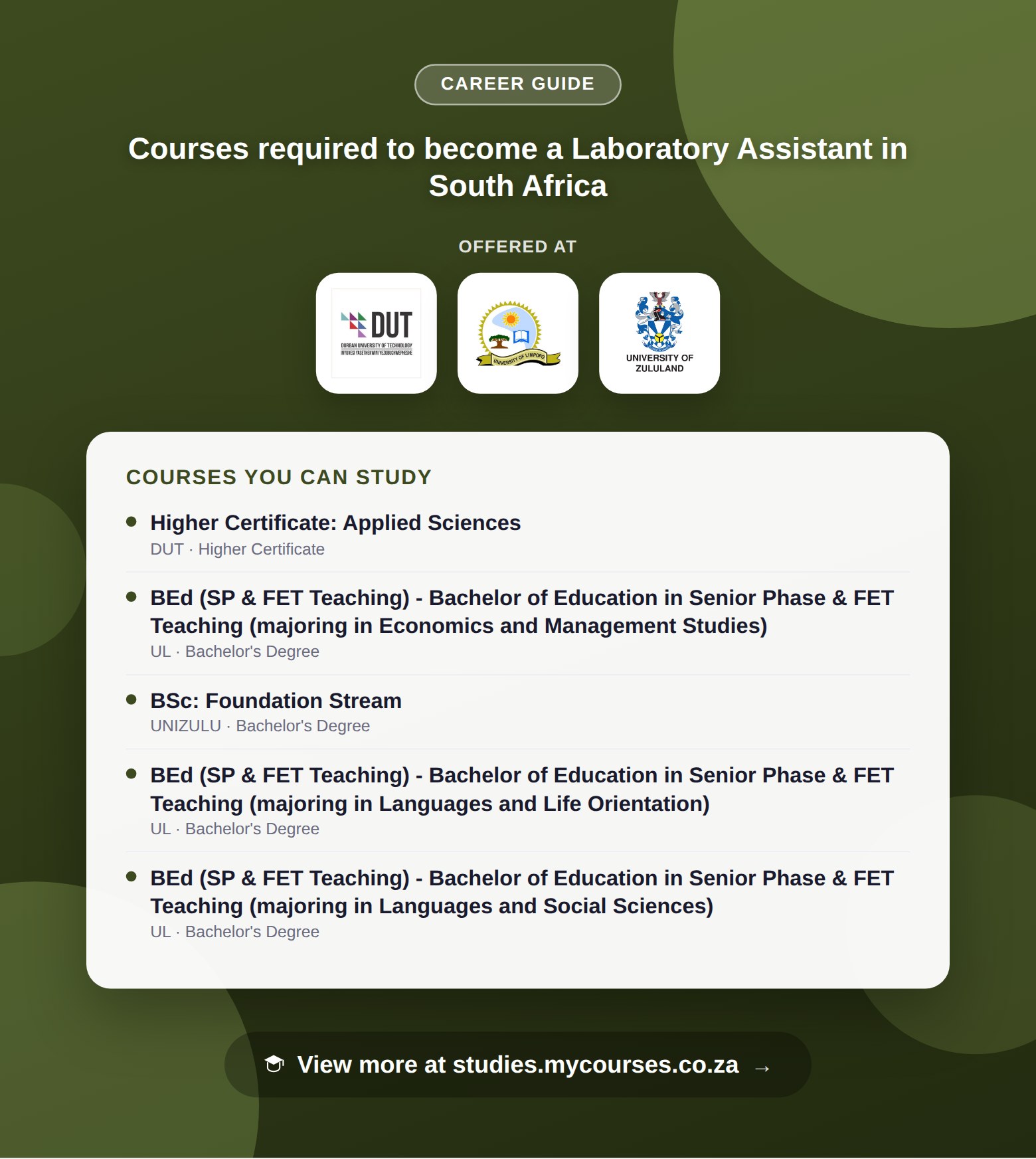 Poster listing courses to become a Laboratory Assistant in South Africa, offered at Brooklyn City College, Durban University of Technology and University of Limpopo, with a link to studies.mycourses.co.za