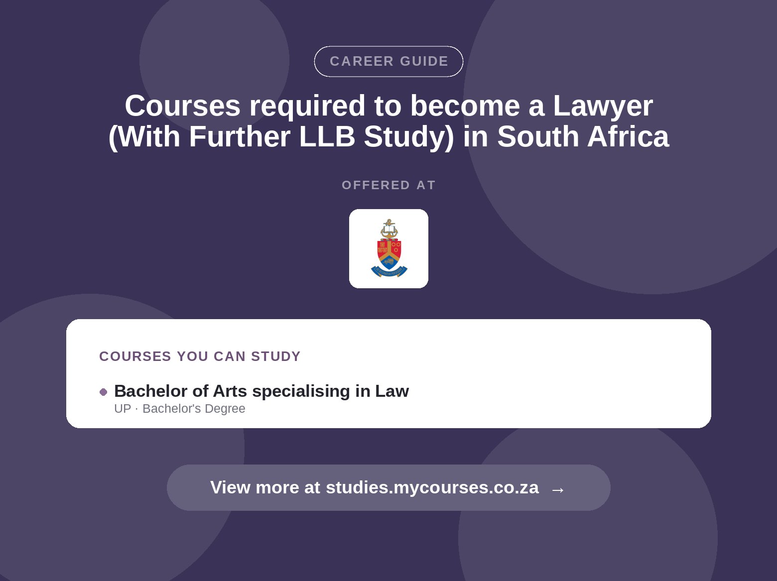 Poster listing courses to become a Lawyer (With Further LLB Study) in South Africa, offered at University of Pretoria, with a link to studies.mycourses.co.za