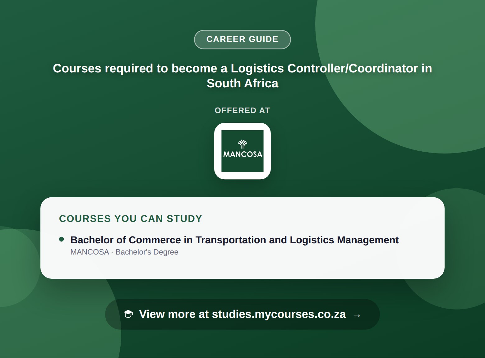 Poster listing courses to become a Logistics Controller/Coordinator in South Africa, offered at MANCOSA, with a link to studies.mycourses.co.za