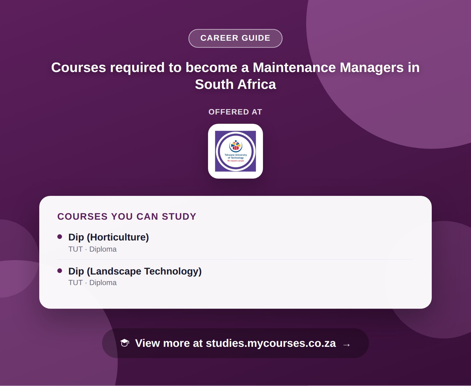 Poster listing courses to become a Maintenance Managers in South Africa, offered at Tshwane University of Technology, with a link to studies.mycourses.co.za