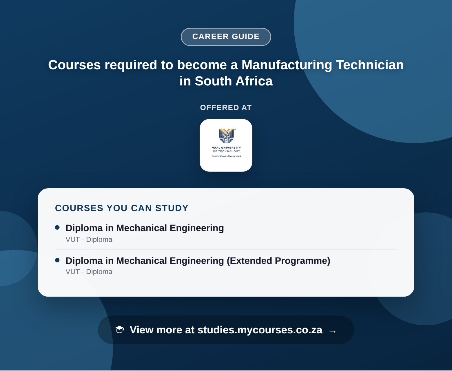 Poster listing courses to become a Manufacturing Technician in South Africa, offered at Vaal University of Technology, with a link to studies.mycourses.co.za