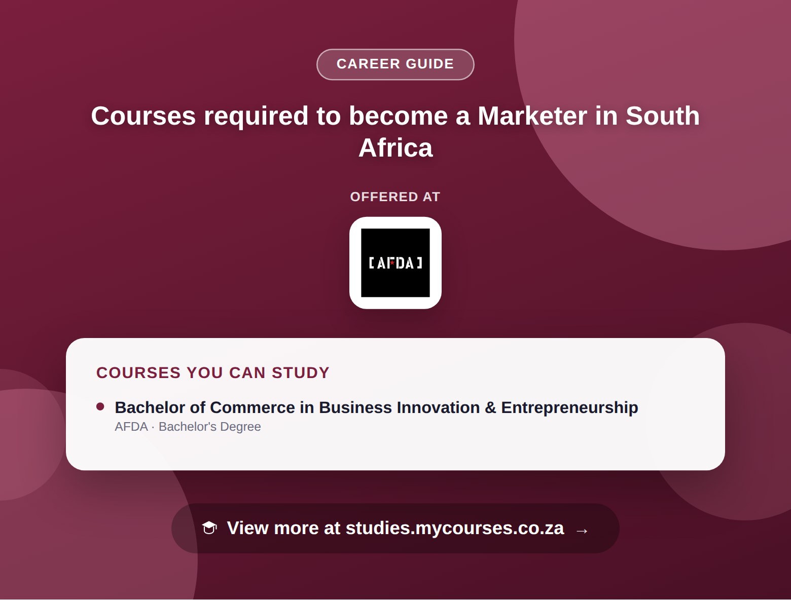 Poster listing courses to become a Marketer in South Africa, offered at AFDA, with a link to studies.mycourses.co.za