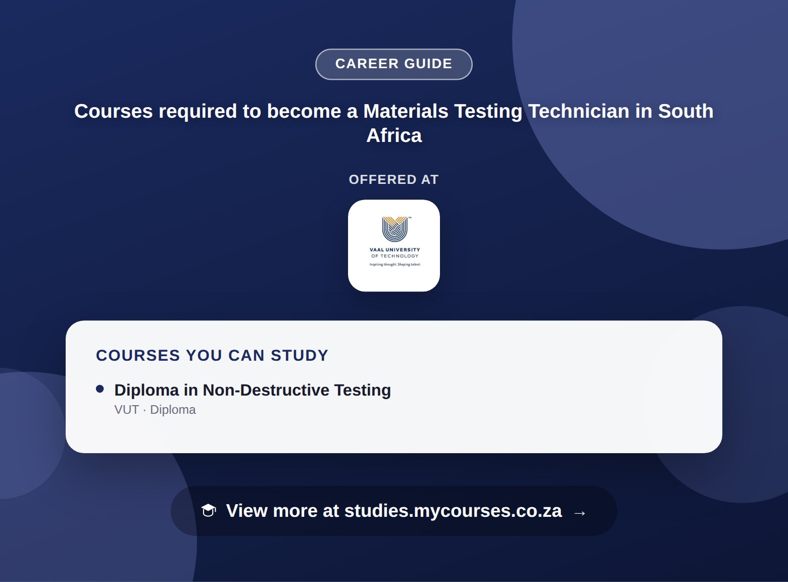 Poster listing courses to become a Materials Testing Technician in South Africa, offered at Vaal University of Technology, with a link to studies.mycourses.co.za