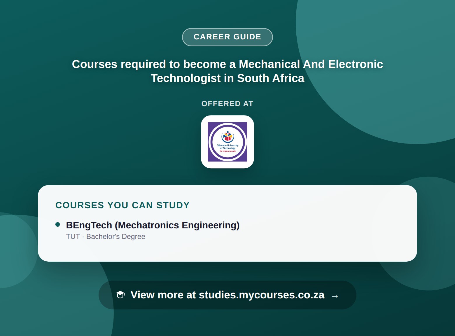 Poster listing courses to become a Mechanical And Electronic Technologist in South Africa, offered at Tshwane University of Technology, with a link to studies.mycourses.co.za