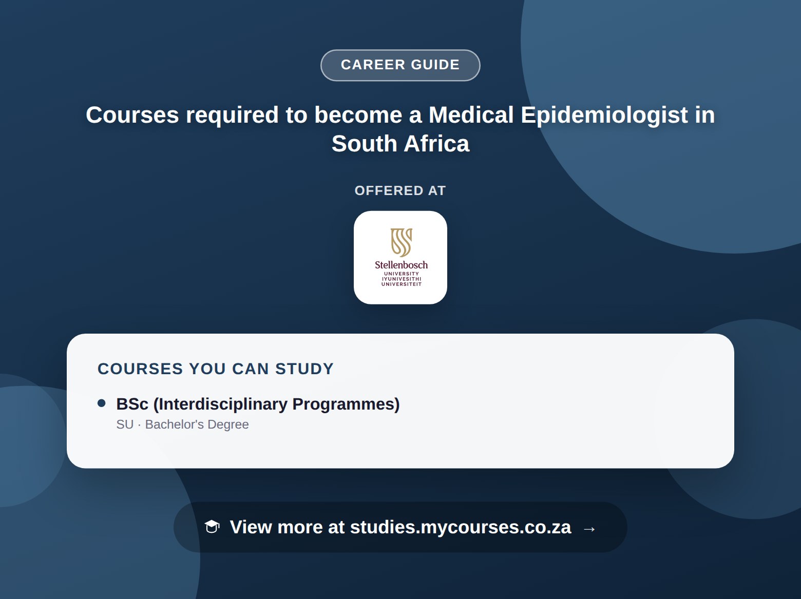 Poster listing courses to become a Medical Epidemiologist in South Africa, offered at Stellenbosch University, with a link to studies.mycourses.co.za