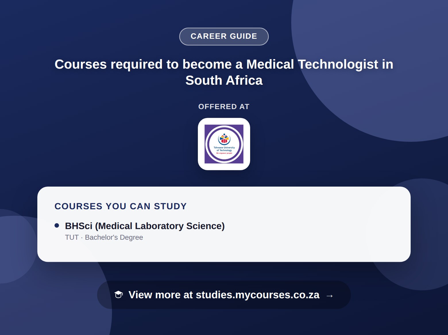 Poster listing courses to become a Medical Technologist in South Africa, offered at Tshwane University of Technology, with a link to studies.mycourses.co.za