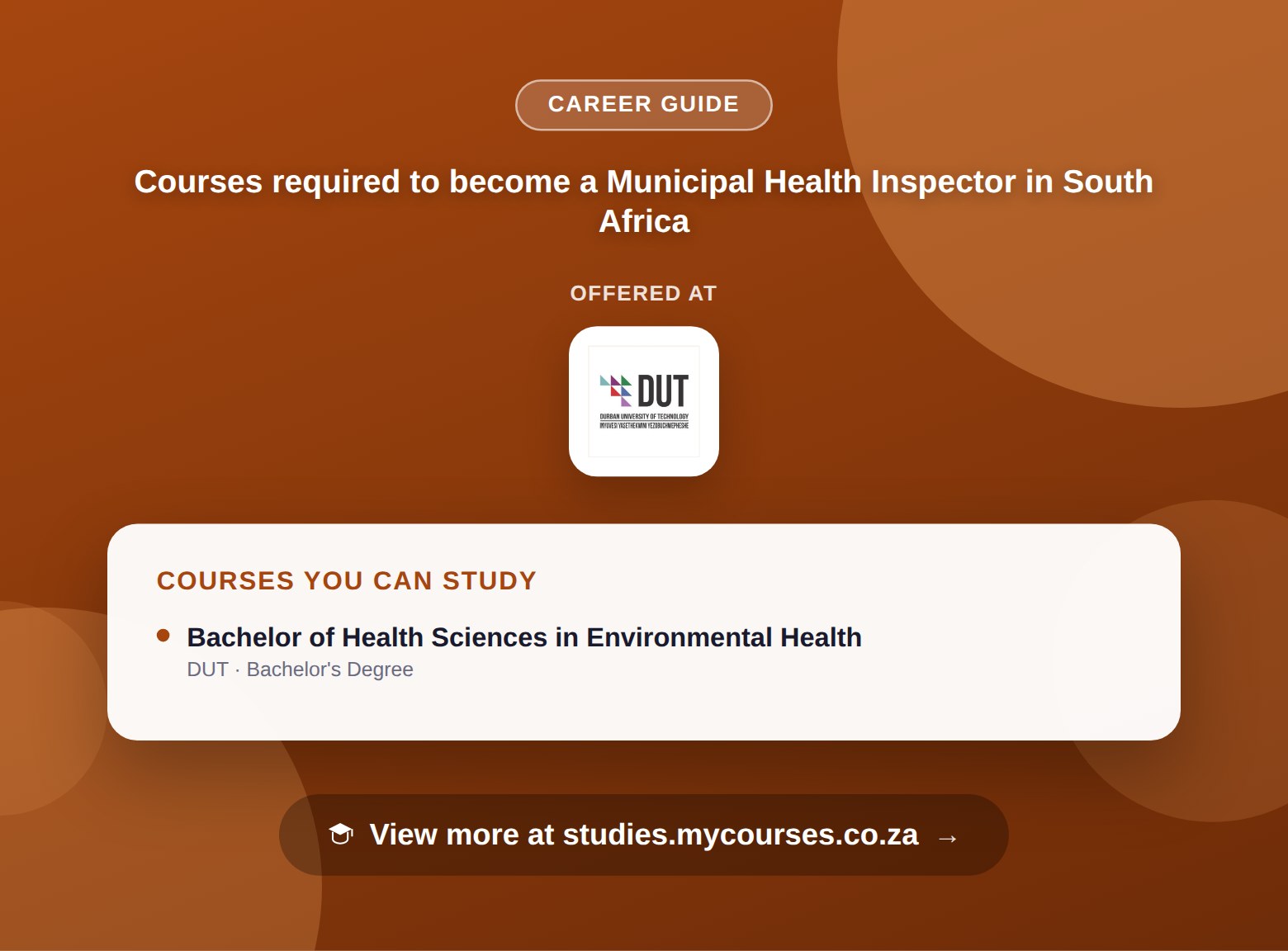 Poster listing courses to become a Municipal Health Inspector in South Africa, offered at Durban University of Technology, with a link to studies.mycourses.co.za