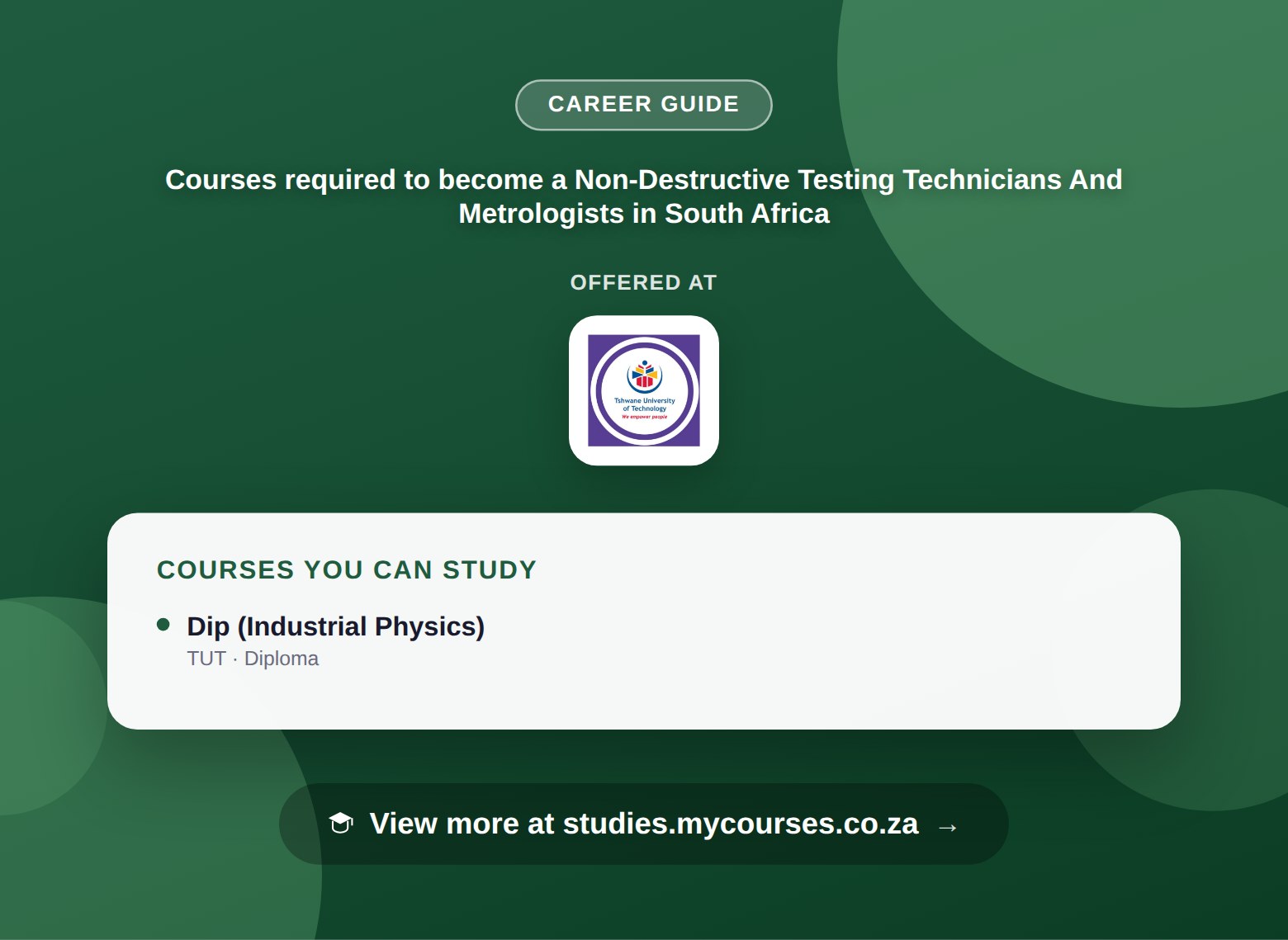 Poster listing courses to become a Non-Destructive Testing Technicians And Metrologists in South Africa, offered at Tshwane University of Technology, with a link to studies.mycourses.co.za