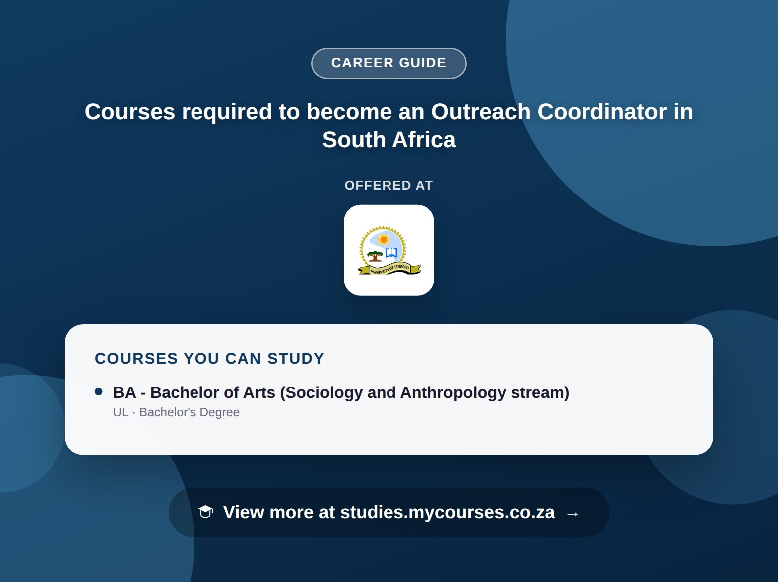 Poster listing courses to become an Outreach Coordinator in South Africa, offered at University of Limpopo, with a link to studies.mycourses.co.za