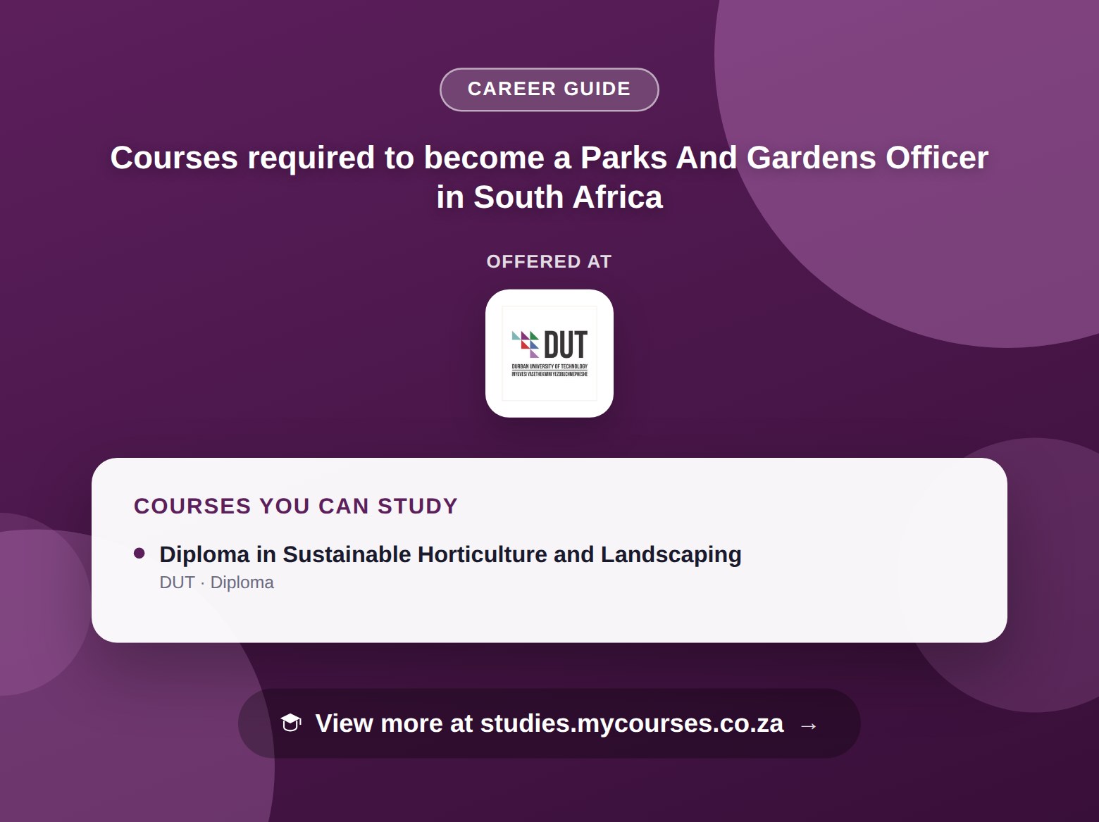 Poster listing courses to become a Parks And Gardens Officer in South Africa, offered at Durban University of Technology, with a link to studies.mycourses.co.za