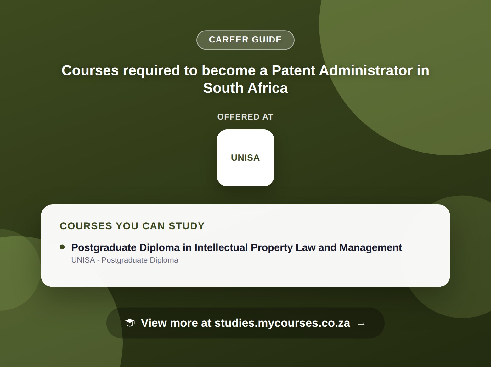 Poster listing courses to become a Patent Administrator in South Africa, offered at University of South Africa, with a link to studies.mycourses.co.za