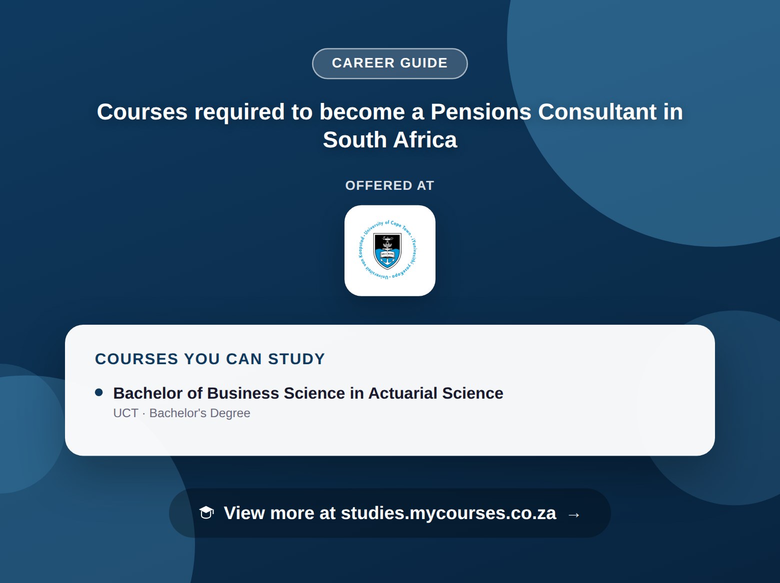 Poster listing courses to become a Pensions Consultant in South Africa, offered at University of Cape Town, with a link to studies.mycourses.co.za
