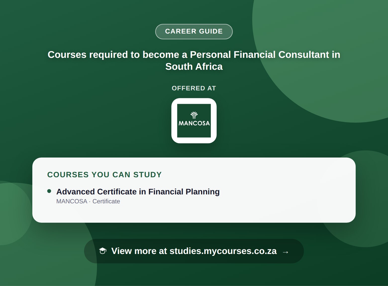 Poster listing courses to become a Personal Financial Consultant in South Africa, offered at MANCOSA, with a link to studies.mycourses.co.za