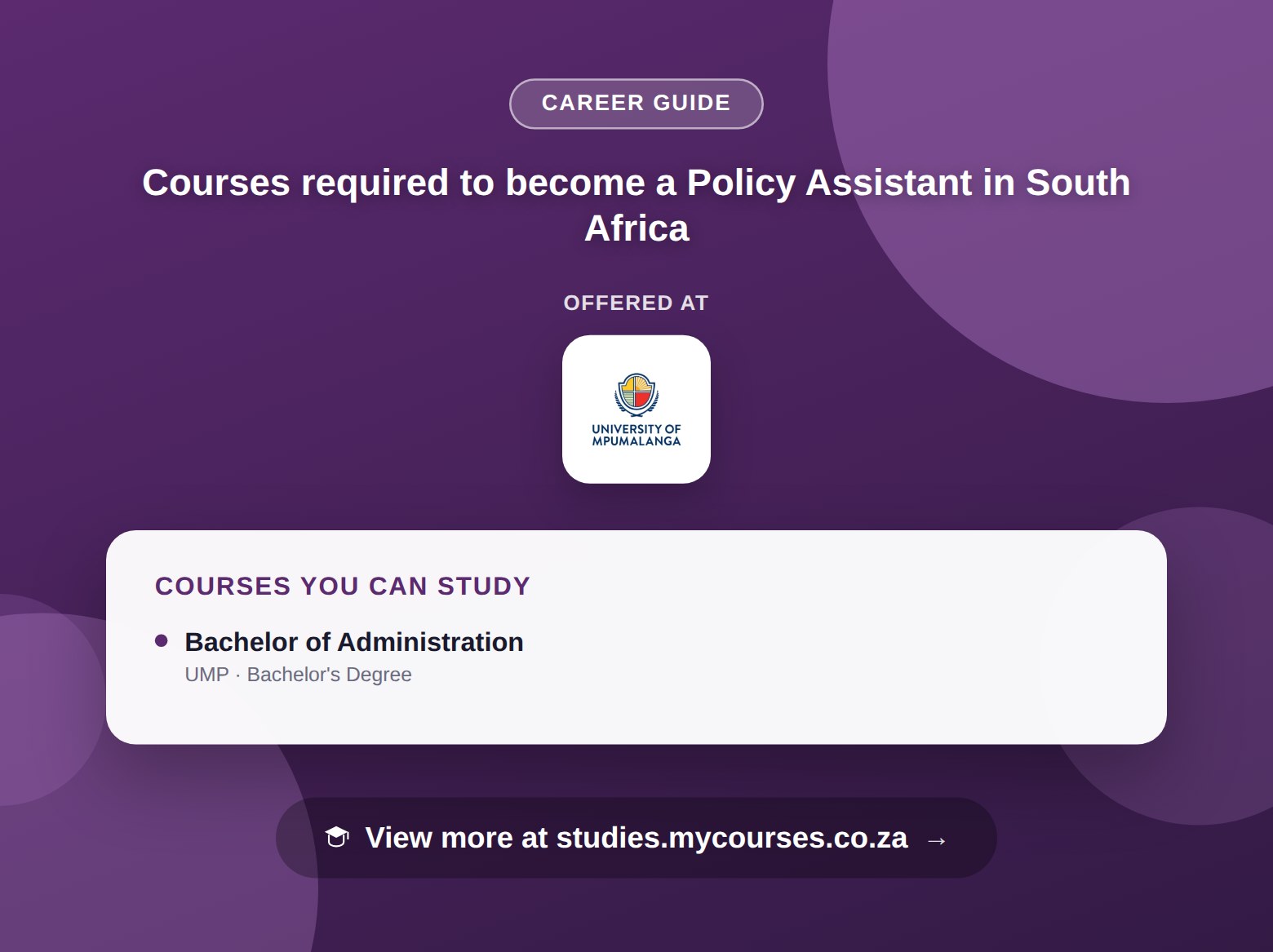 Poster listing courses to become a Policy Assistant in South Africa, offered at University of Mpumalanga, with a link to studies.mycourses.co.za