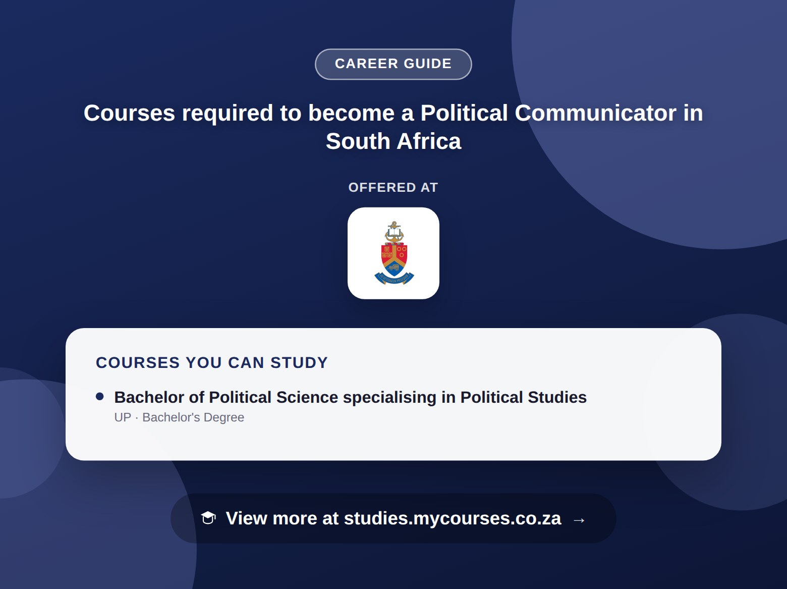 Poster listing courses to become a Political Communicator in South Africa, offered at University of Pretoria, with a link to studies.mycourses.co.za