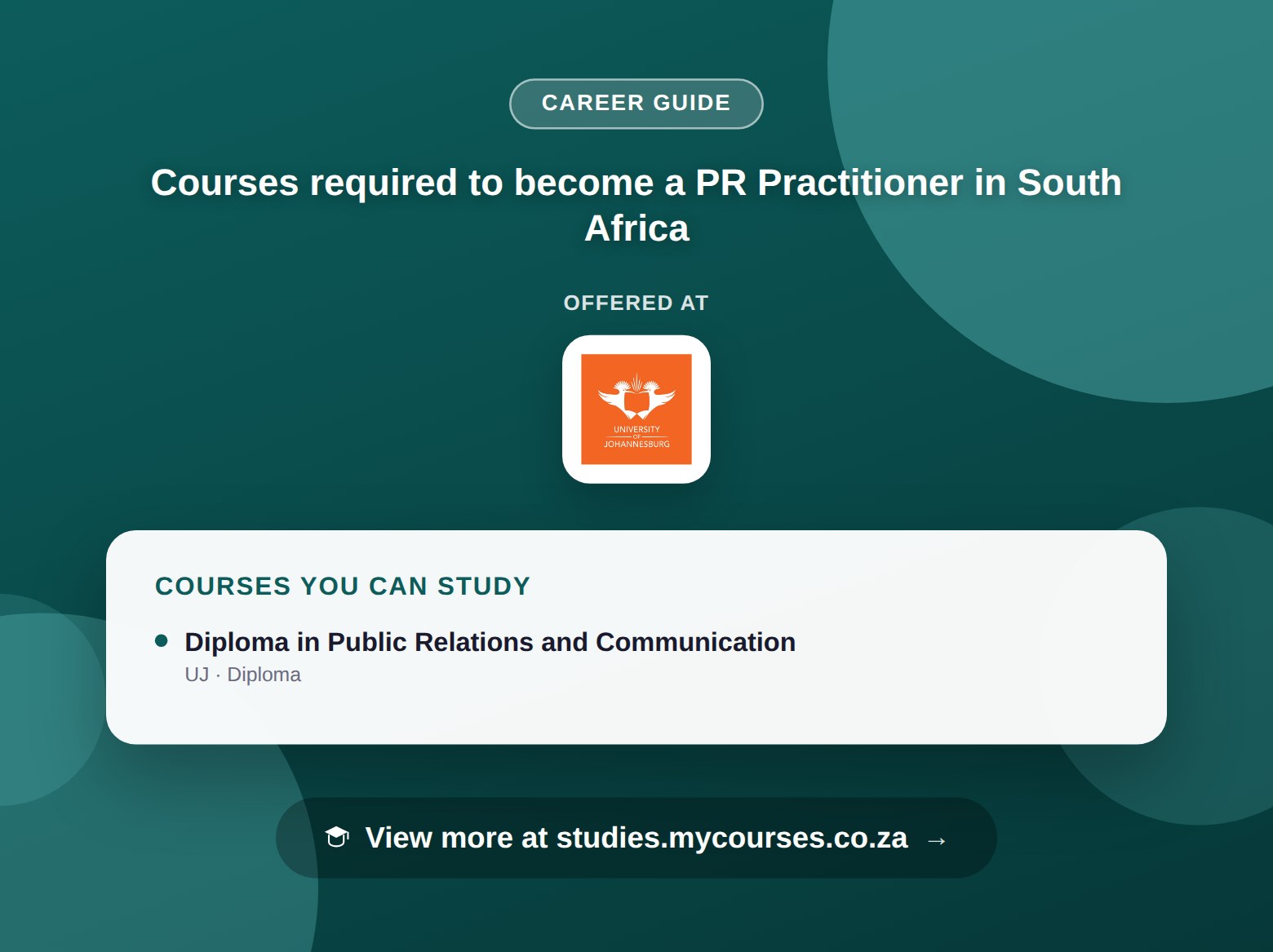 Poster listing courses to become a PR Practitioner in South Africa, offered at Berea College of Technology, Helderberg College of Higher Education and University of Johannesburg, with a link to studies.mycourses.co.za