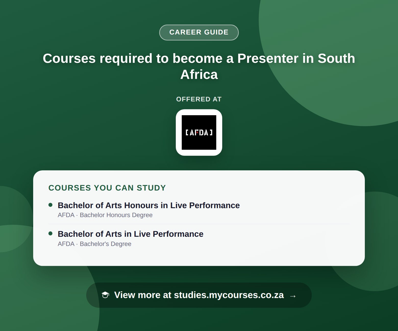 Poster listing courses to become a Presenter in South Africa, offered at AFDA and Helderberg College of Higher Education, with a link to studies.mycourses.co.za