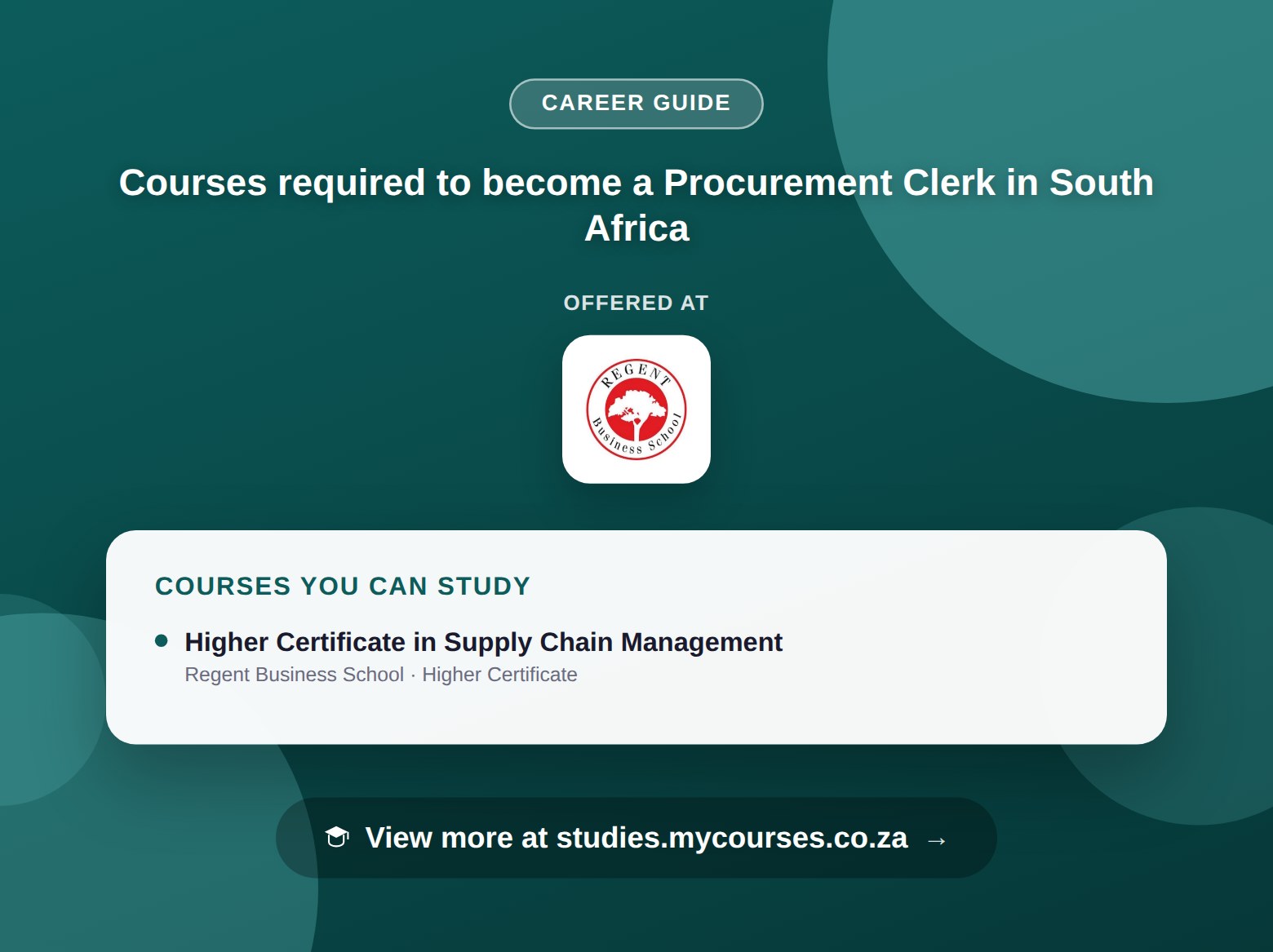 Poster listing courses to become a Procurement Clerk in South Africa, offered at Regent Business School, with a link to studies.mycourses.co.za