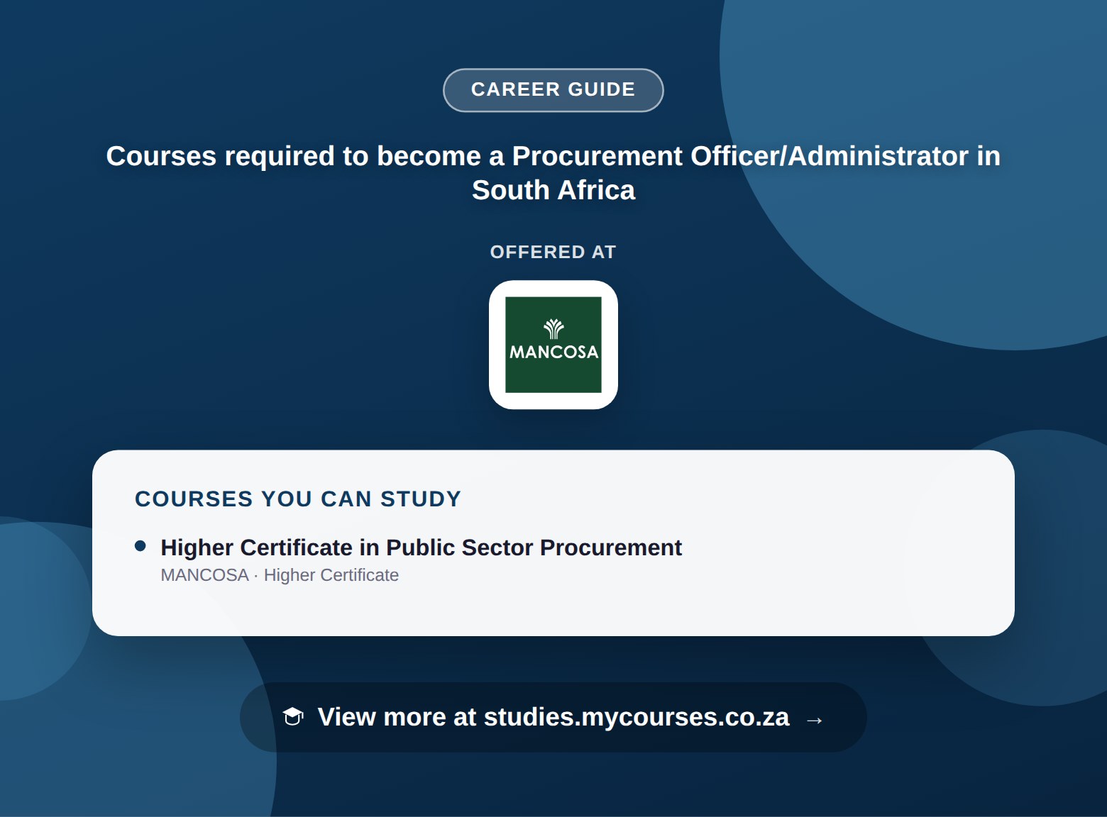 Poster listing courses to become a Procurement Officer/Administrator in South Africa, offered at MANCOSA, with a link to studies.mycourses.co.za