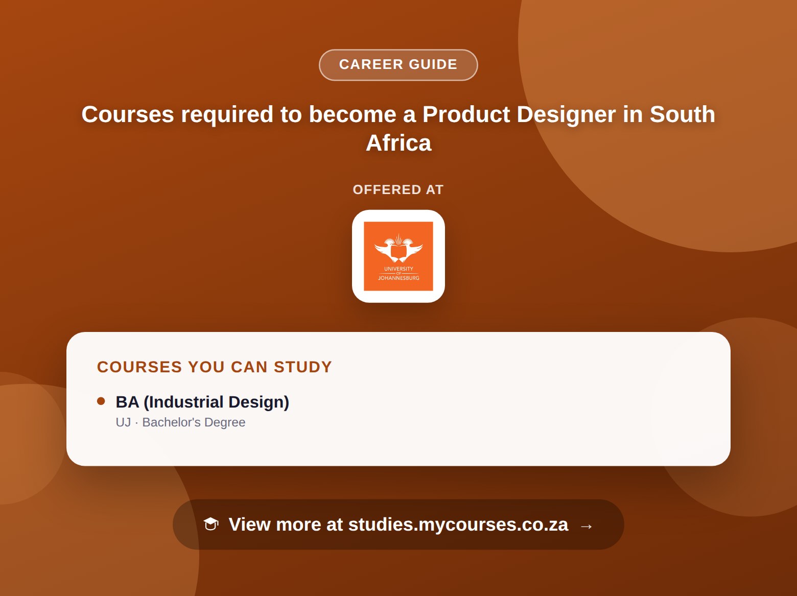 Poster listing courses to become a Product Designer in South Africa, offered at BHC School of Design, Inscape Education Group and Open Window Institute, with a link to studies.mycourses.co.za