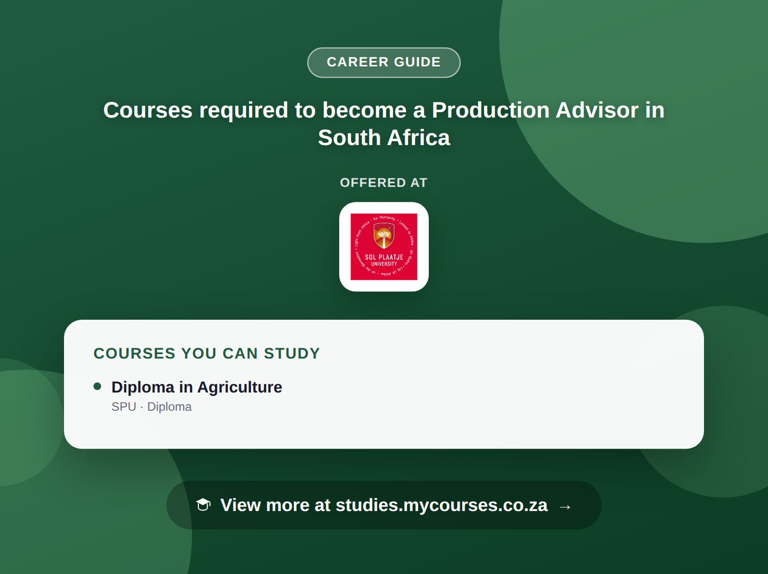 Poster listing courses to become a Production Advisor in South Africa, offered at Sol Plaatje University, with a link to studies.mycourses.co.za