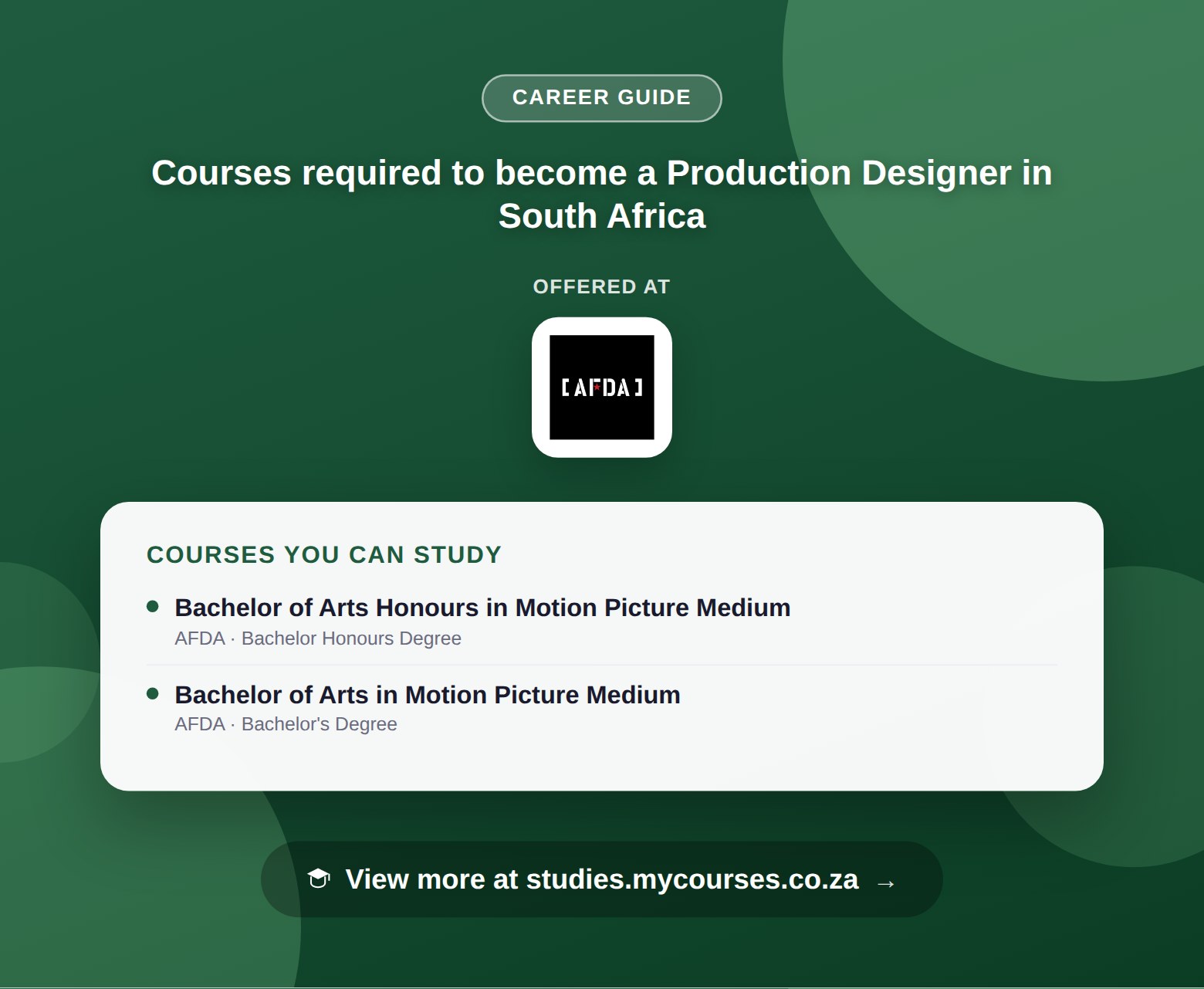 Poster listing courses to become a Production Designer in South Africa, offered at AFDA, with a link to studies.mycourses.co.za