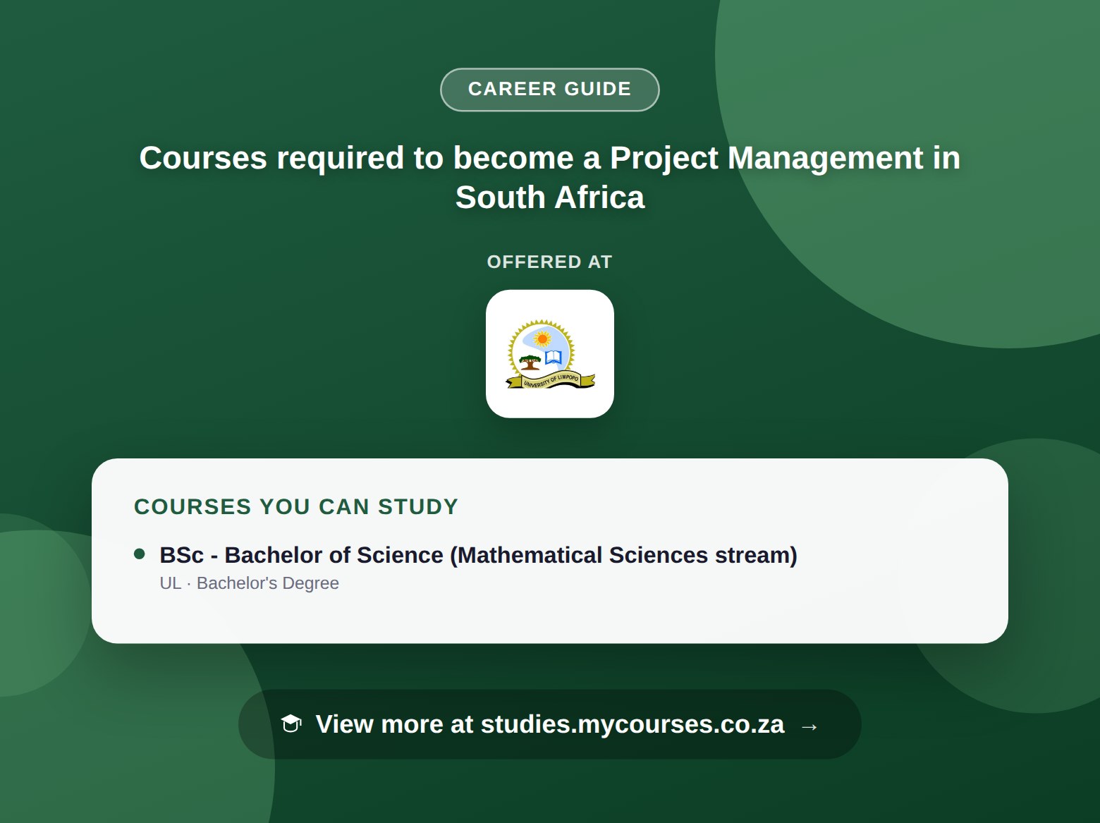 Poster listing courses to become a Project Management in South Africa, offered at University of Limpopo, with a link to studies.mycourses.co.za