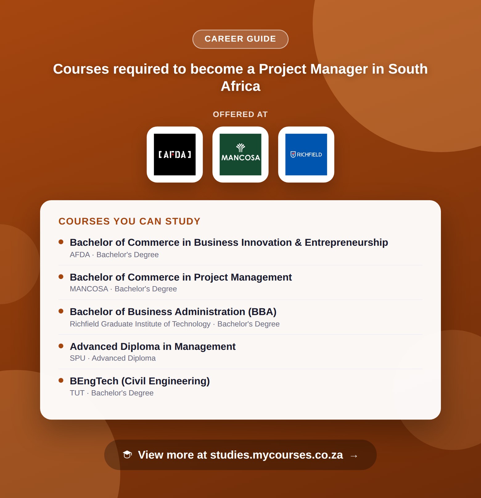 Poster listing courses to become a Project Manager in South Africa, offered at AFDA, Akademia and Berea College of Technology, with a link to studies.mycourses.co.za