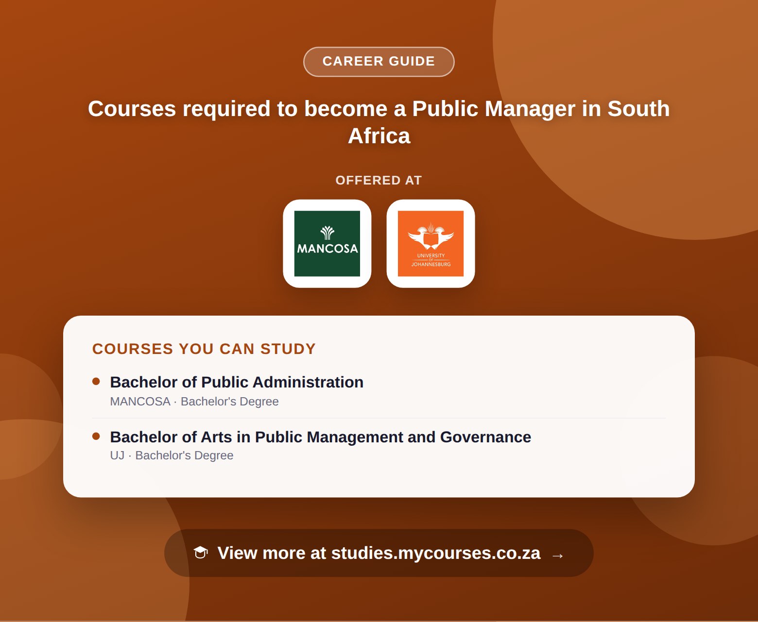 Poster listing courses to become a Public Manager in South Africa, offered at MANCOSA and University of Johannesburg, with a link to studies.mycourses.co.za