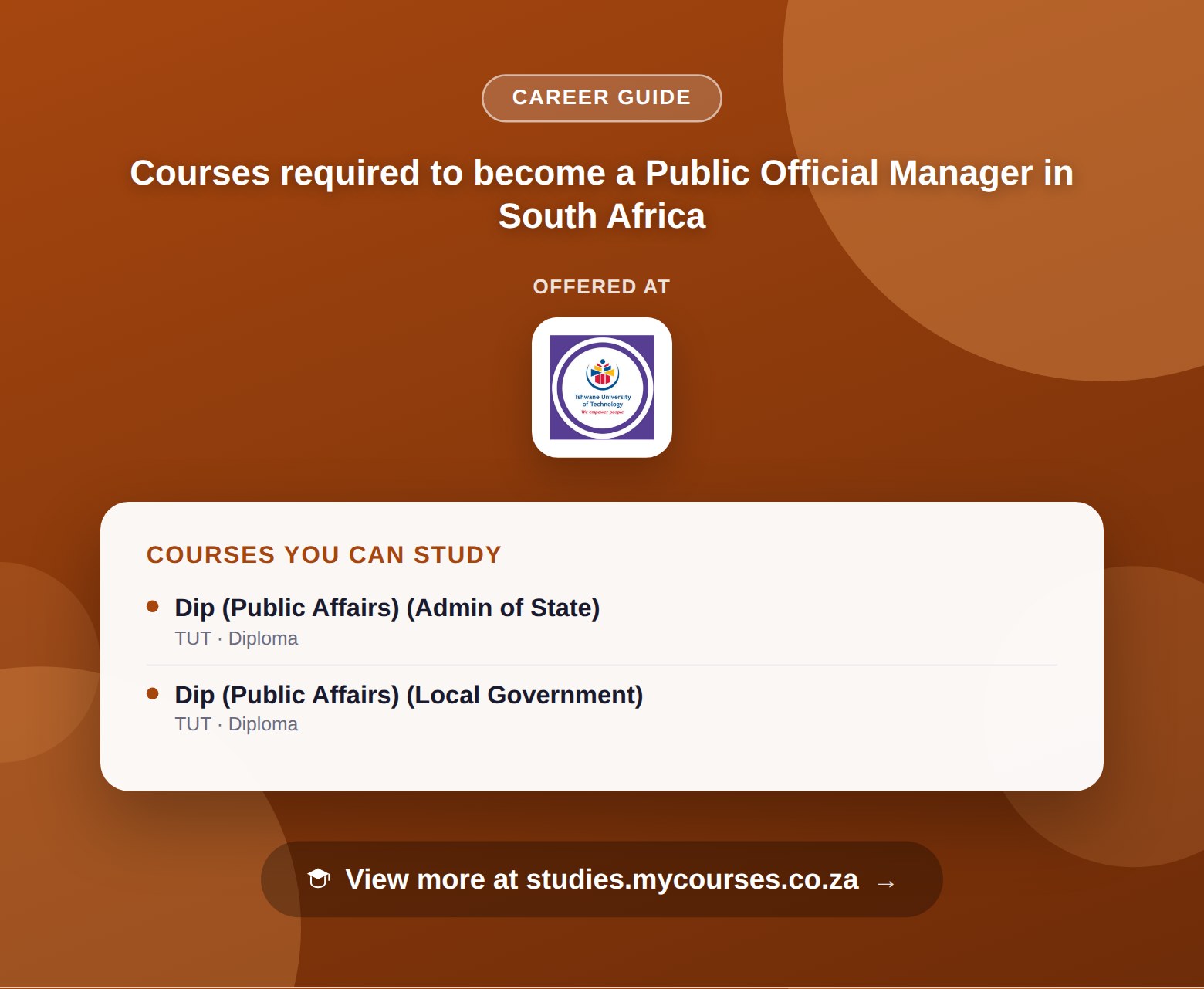Poster listing courses to become a Public Official Manager in South Africa, offered at Tshwane University of Technology, with a link to studies.mycourses.co.za
