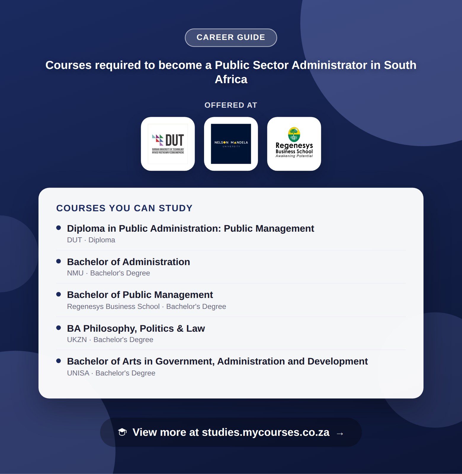 Poster listing courses to become a Public Sector Administrator in South Africa, offered at Durban University of Technology, Nelson Mandela University and Regenesys Business School, with a link to studies.mycourses.co.za