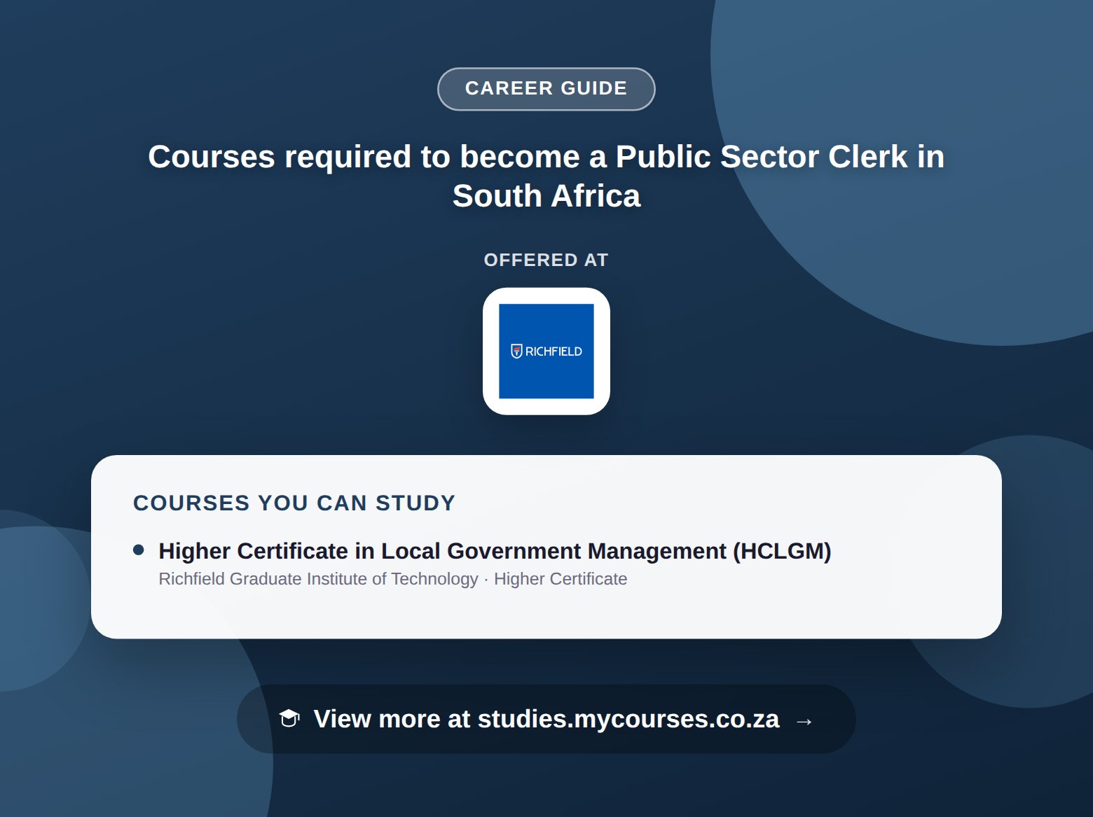 Poster listing courses to become a Public Sector Clerk in South Africa, offered at Richfield Graduate Institute of Technology, with a link to studies.mycourses.co.za