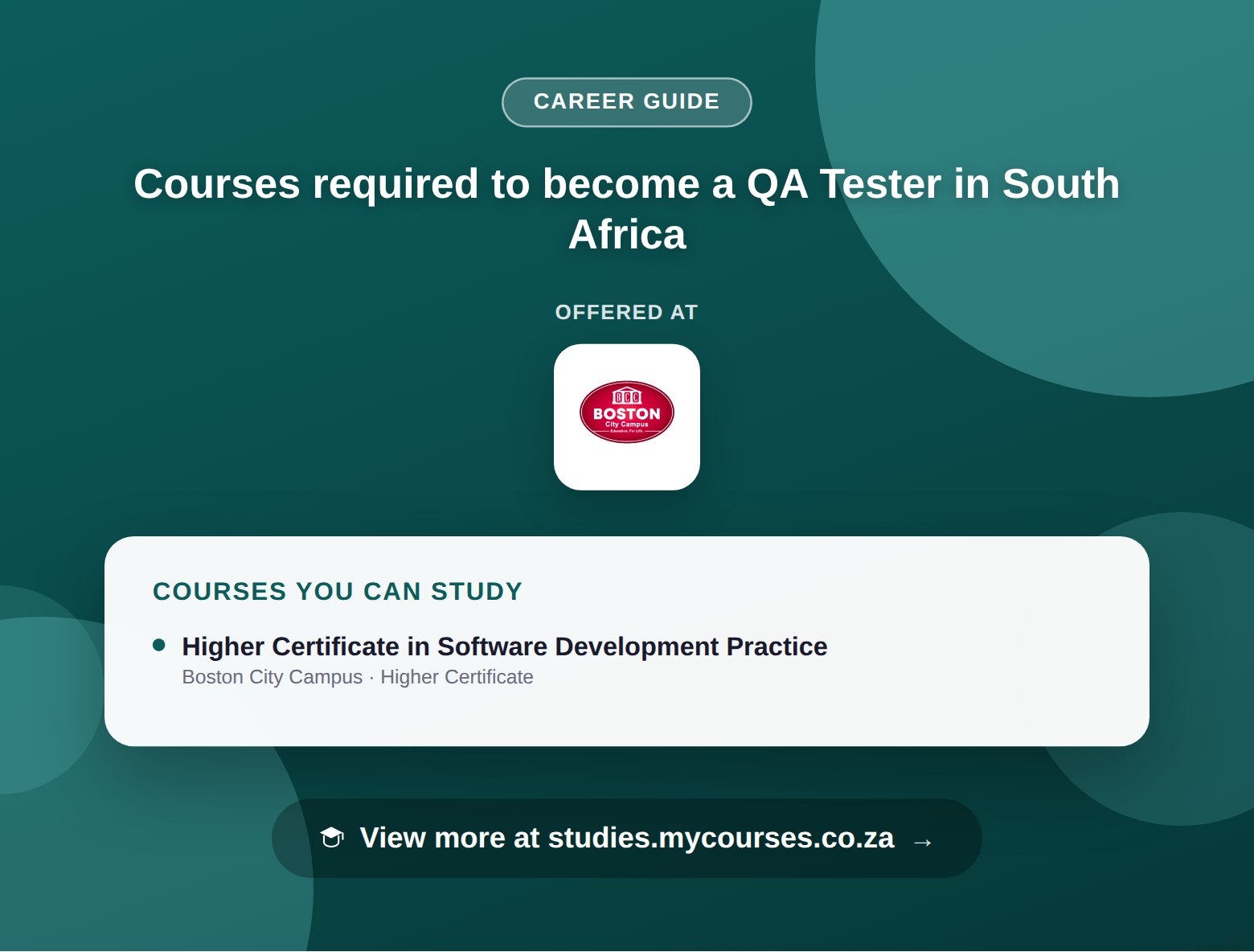 Poster listing courses to become a QA Tester in South Africa, offered at Boston City Campus, with a link to studies.mycourses.co.za