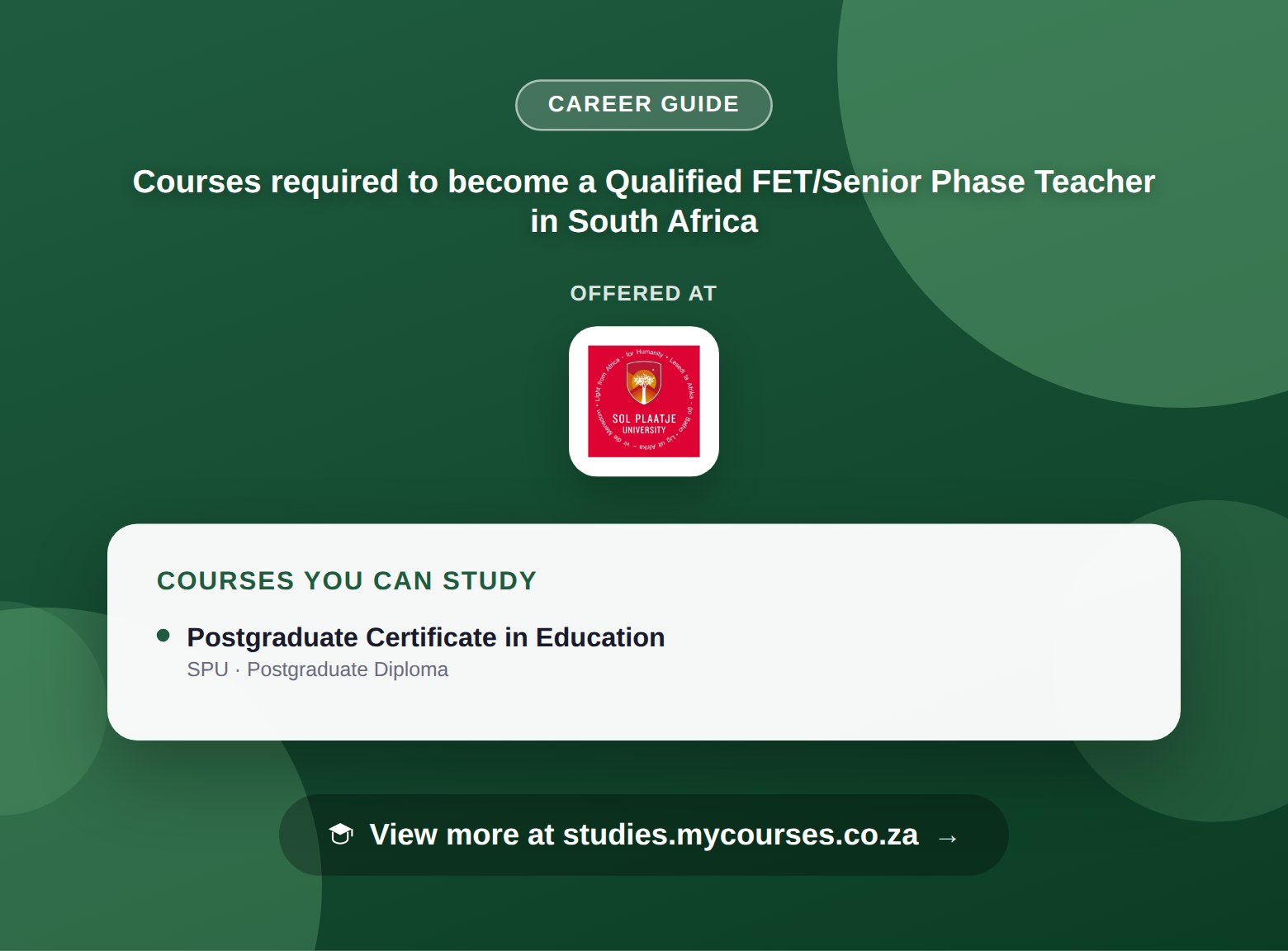 Poster listing courses to become a Qualified FET/Senior Phase Teacher in South Africa, offered at Sol Plaatje University, with a link to studies.mycourses.co.za