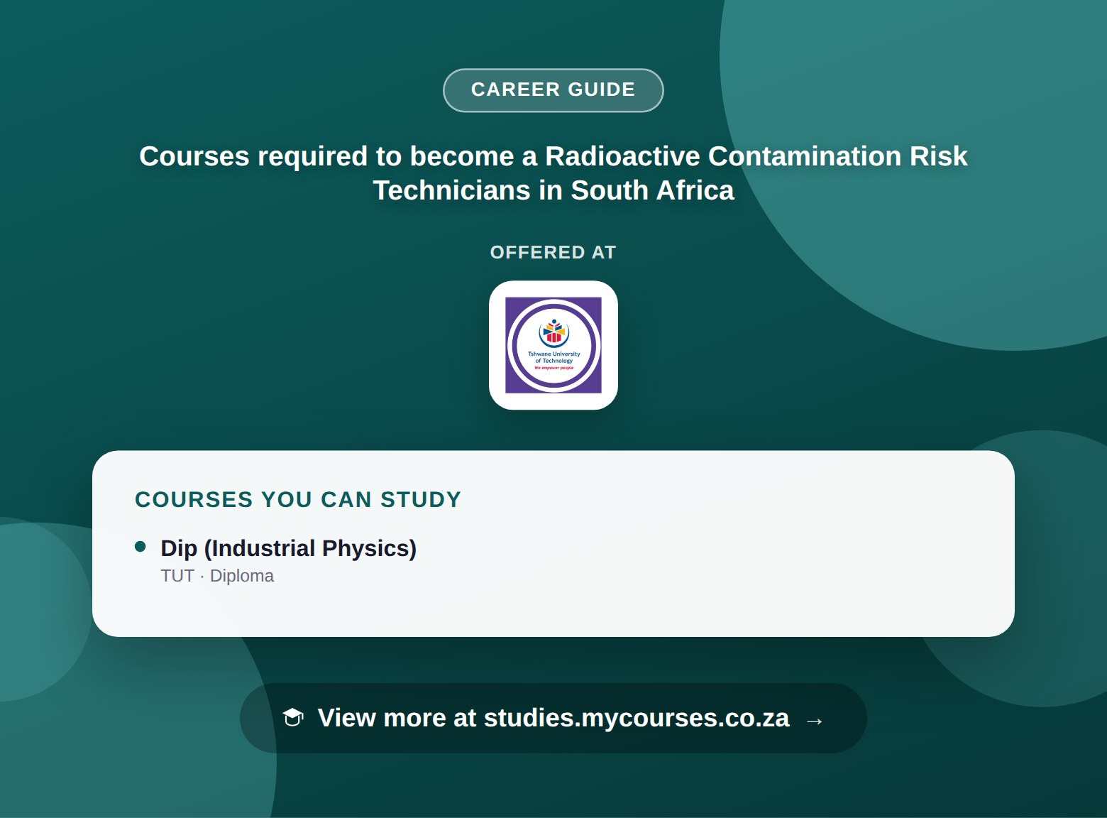 Poster listing courses to become a Radioactive Contamination Risk Technicians in South Africa, offered at Tshwane University of Technology, with a link to studies.mycourses.co.za