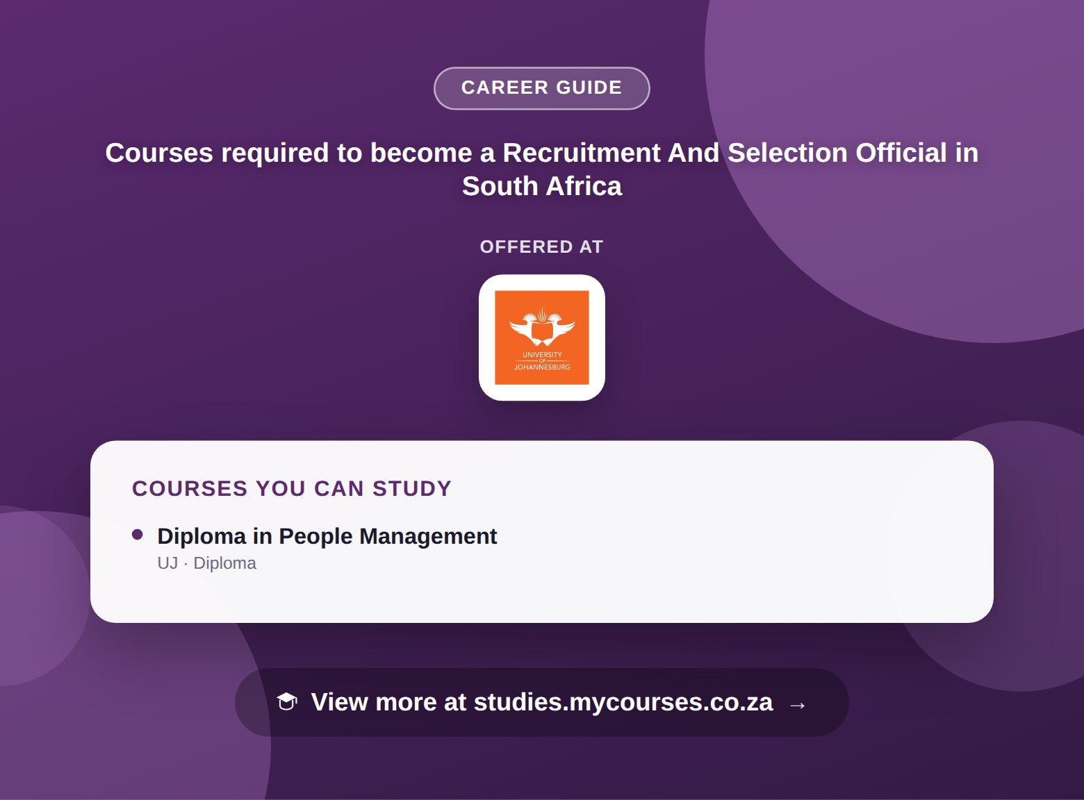Poster listing courses to become a Recruitment And Selection Official in South Africa, offered at University of Johannesburg, with a link to studies.mycourses.co.za