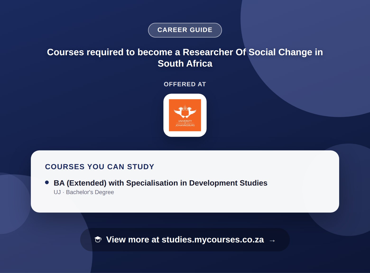Poster listing courses to become a Researcher Of Social Change in South Africa, offered at University of Johannesburg, with a link to studies.mycourses.co.za