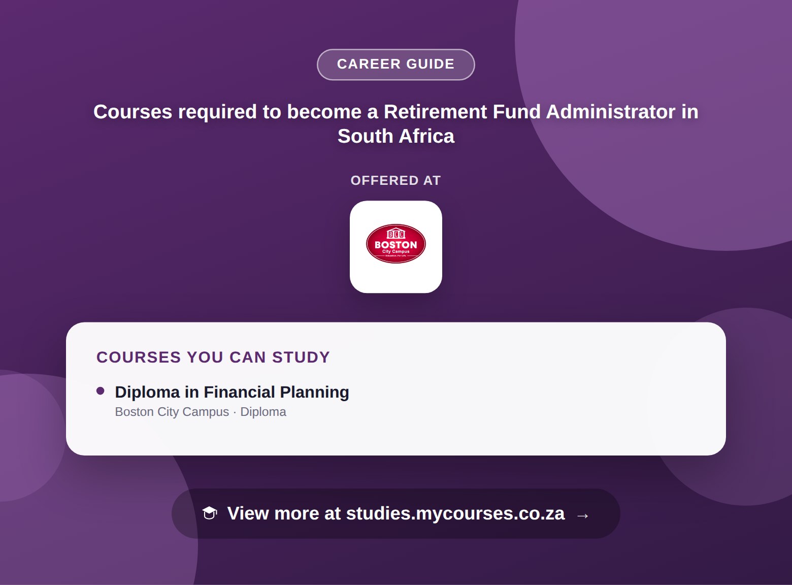 Poster listing courses to become a Retirement Fund Administrator in South Africa, offered at Boston City Campus, with a link to studies.mycourses.co.za