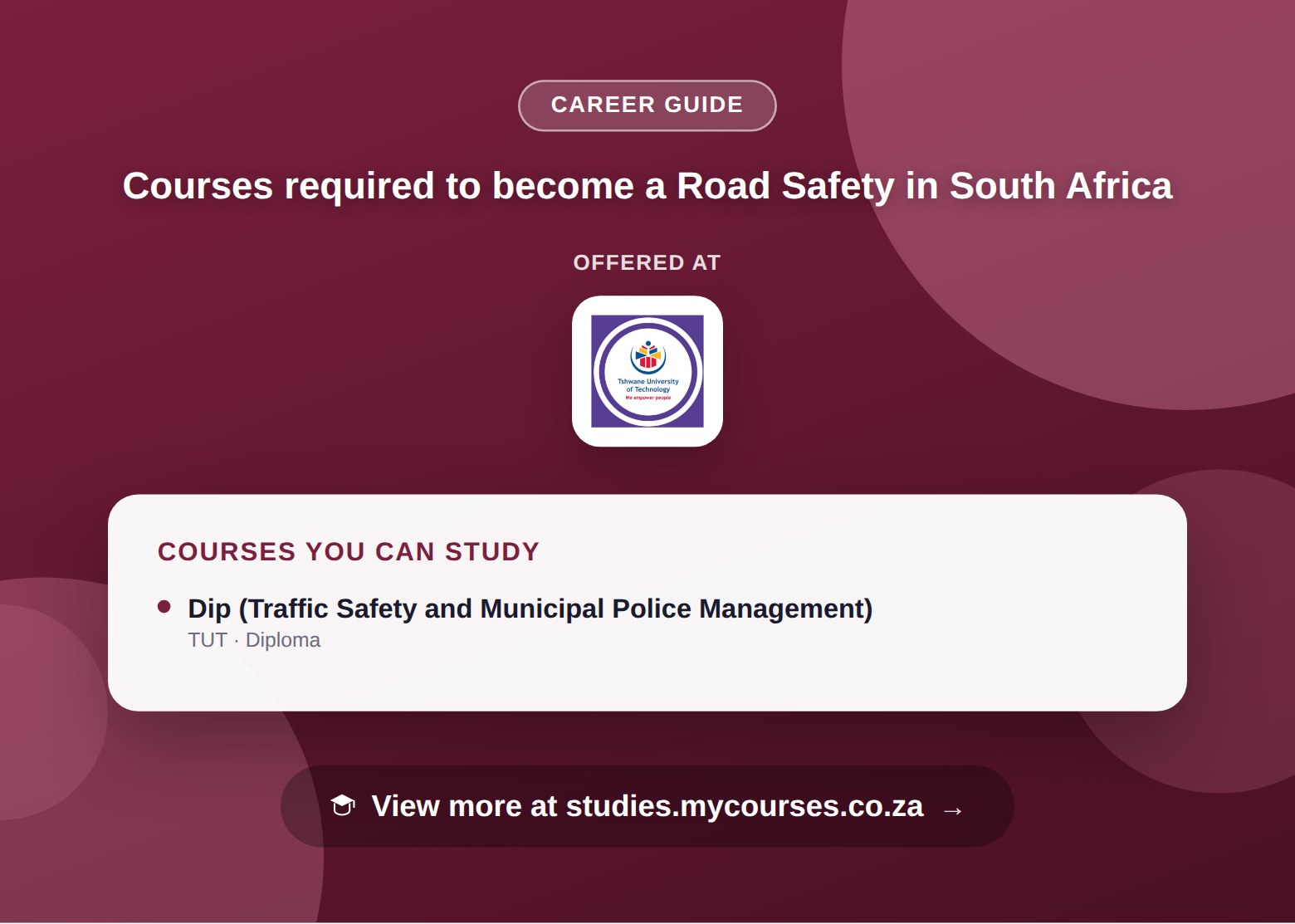 Poster listing courses to become a Road Safety in South Africa, offered at Tshwane University of Technology, with a link to studies.mycourses.co.za