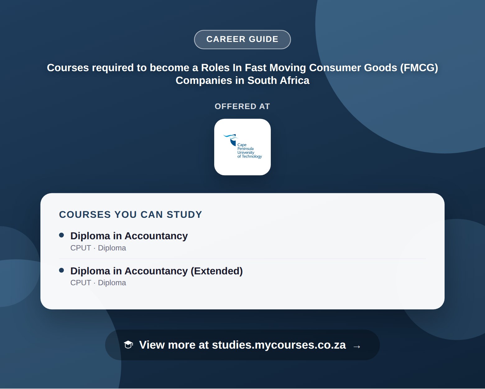Poster listing courses to become a Roles In Fast Moving Consumer Goods (FMCG) Companies in South Africa, offered at Cape Peninsula University of Technology, with a link to studies.mycourses.co.za