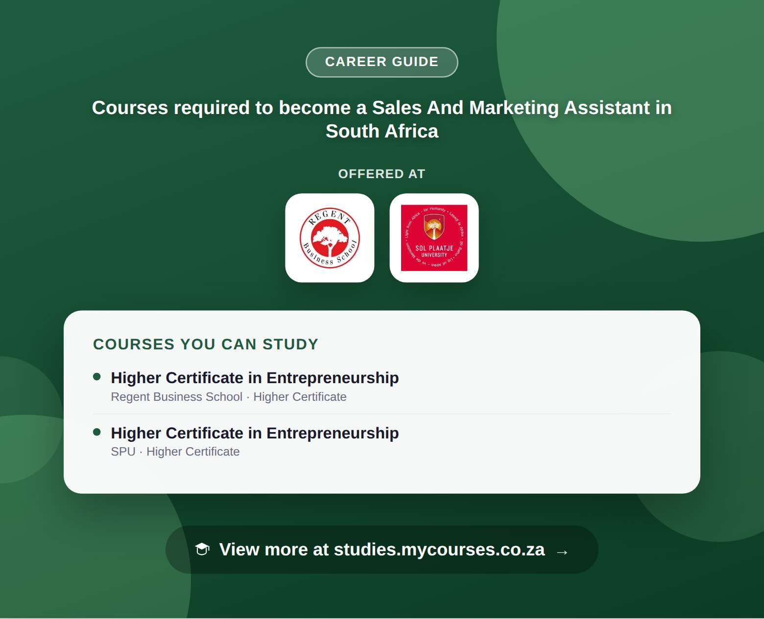 Poster listing courses to become a Sales And Marketing Assistant in South Africa, offered at Regent Business School and Sol Plaatje University, with a link to studies.mycourses.co.za
