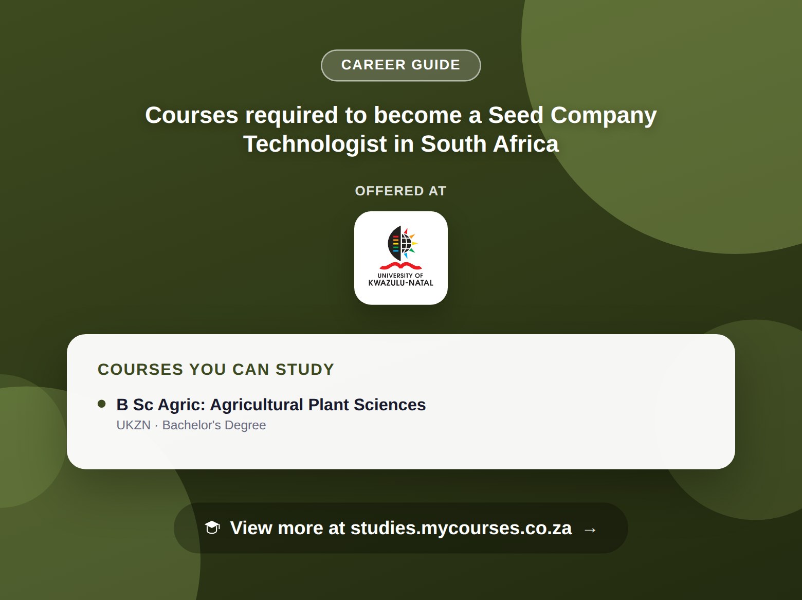 Poster listing courses to become a Seed Company Technologist in South Africa, offered at University of KwaZulu-Natal, with a link to studies.mycourses.co.za