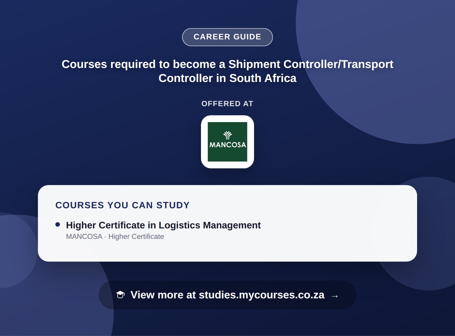 Poster listing courses to become a Shipment Controller/Transport Controller in South Africa, offered at MANCOSA, with a link to studies.mycourses.co.za